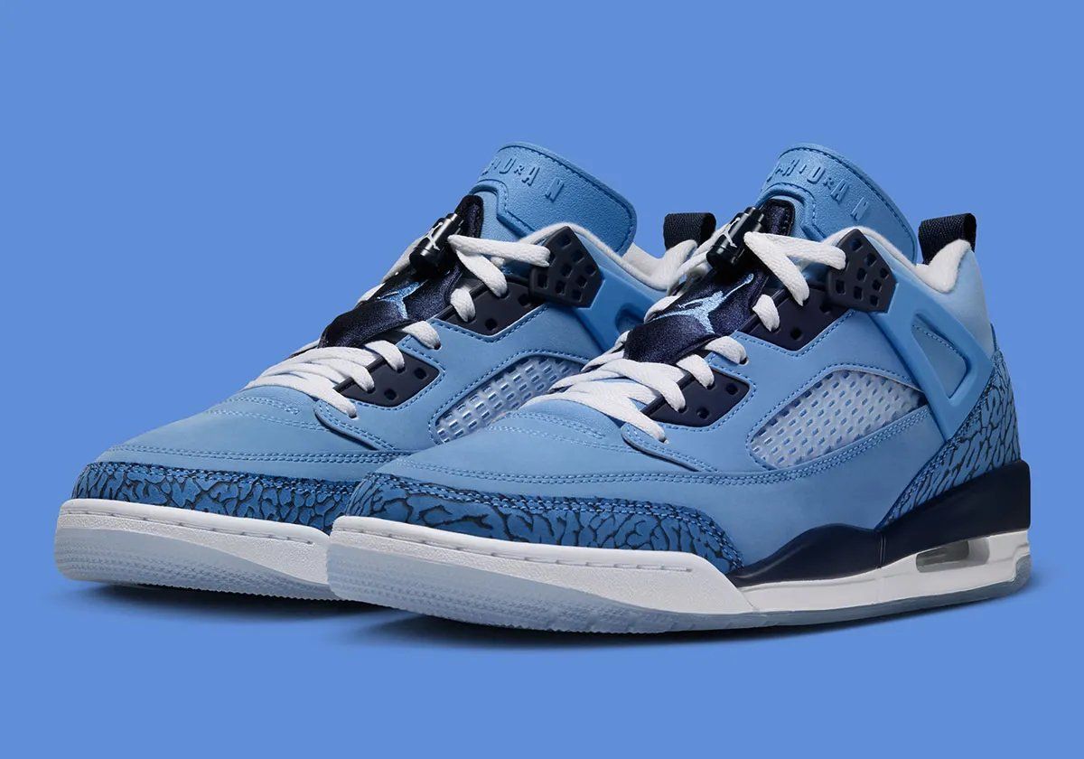 Jordan Spiz'ike Low in University Blue nubuck with Midnight Navy accents and translucent gum rubber outsole