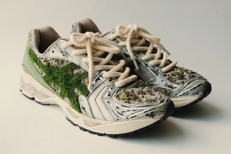 ANT KAI custom ASICS GEL-KAYANO 14 "Moss" featuring hand-stitched moss embroidery, burlap overlay, and distressed metallic accents