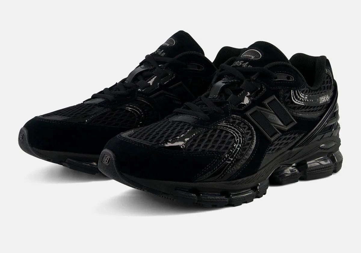 New Balance 1954R in Triple Black with glossy patent leather underlays