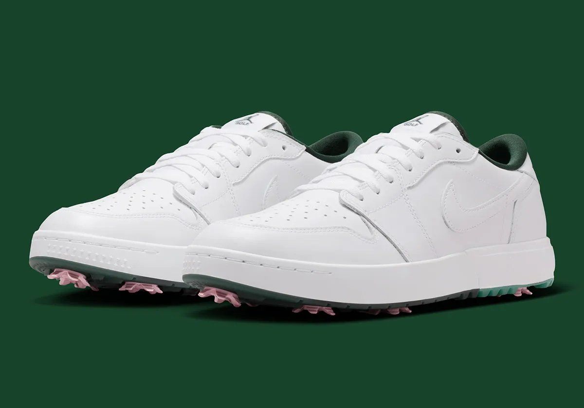 Air Jordan 1 Low Golf White/Fir featuring white leather upper, forest green lining, and pink spikes with redesigned golf sole
