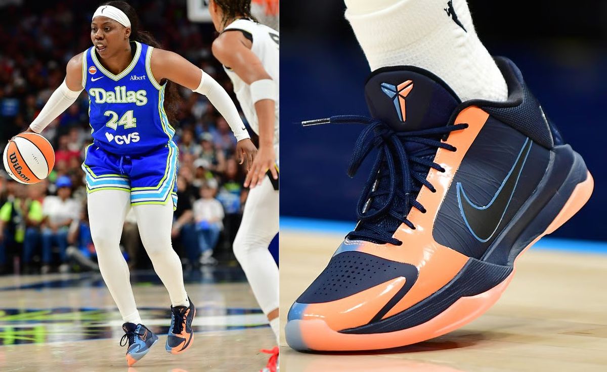 Nike Kobe 5 Protro PE in orange and blue colorway worn by Dallas Wings guard Arike Ogunbowale