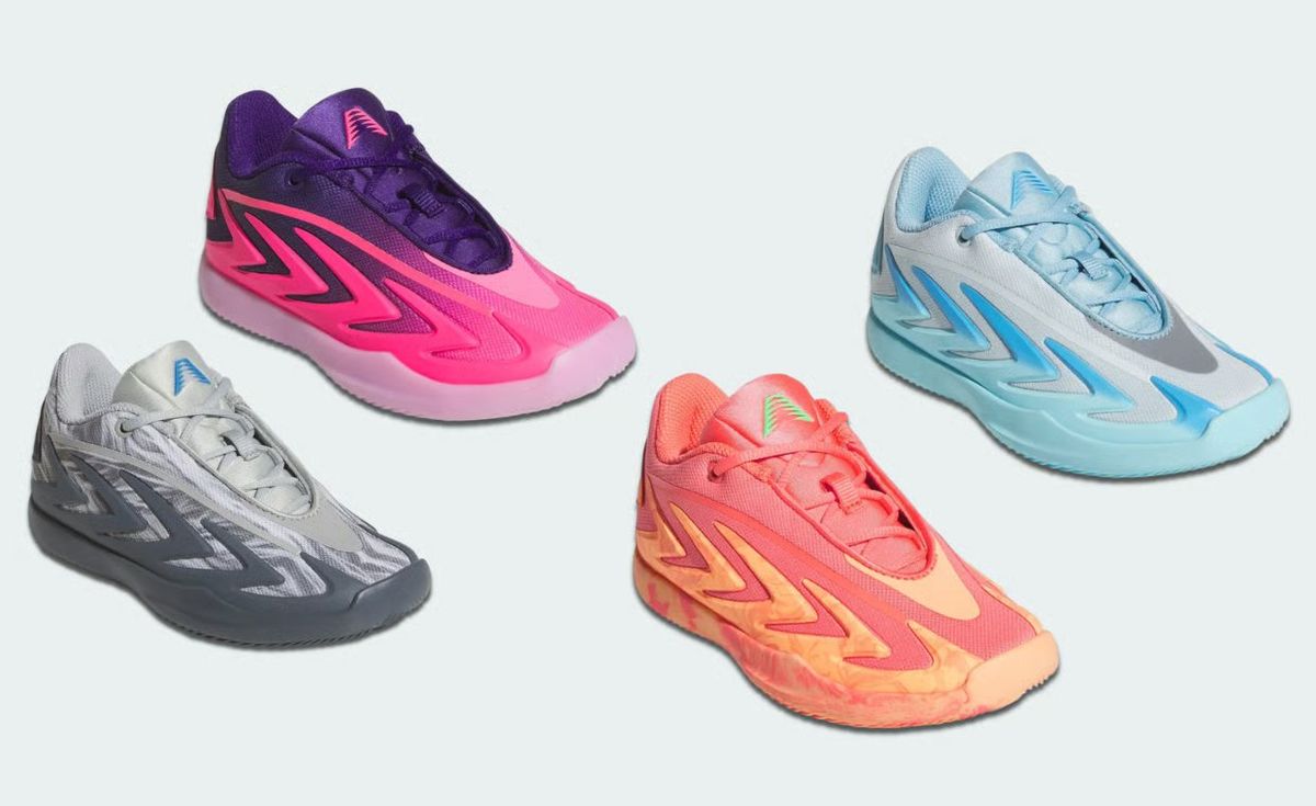 Official product images of the adidas AE 3 Anthony Edwards signature basketball shoe in Snow Camo, With Love, Bliss Blue, and Lucid Pink grade school colorways