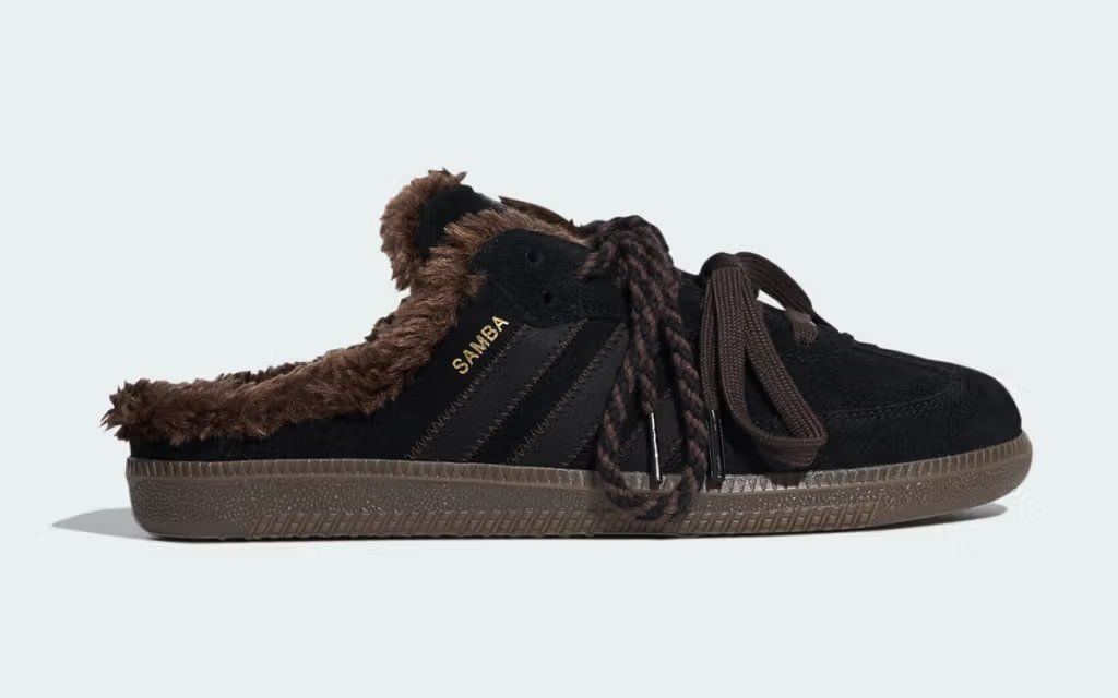 Adidas Samba Mule with fur lining in fall colorway, showing slip-on silhouette and interior fleece detail