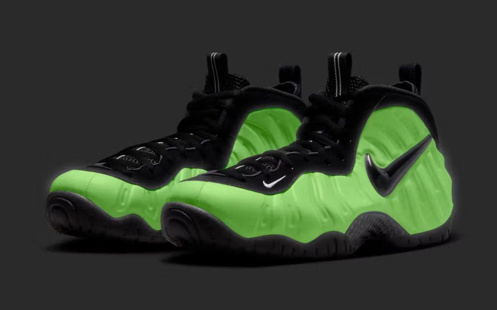 Nike Air Foamposite Pro in glow-in-the-dark colorway, showing molded upper and luminescent detailing