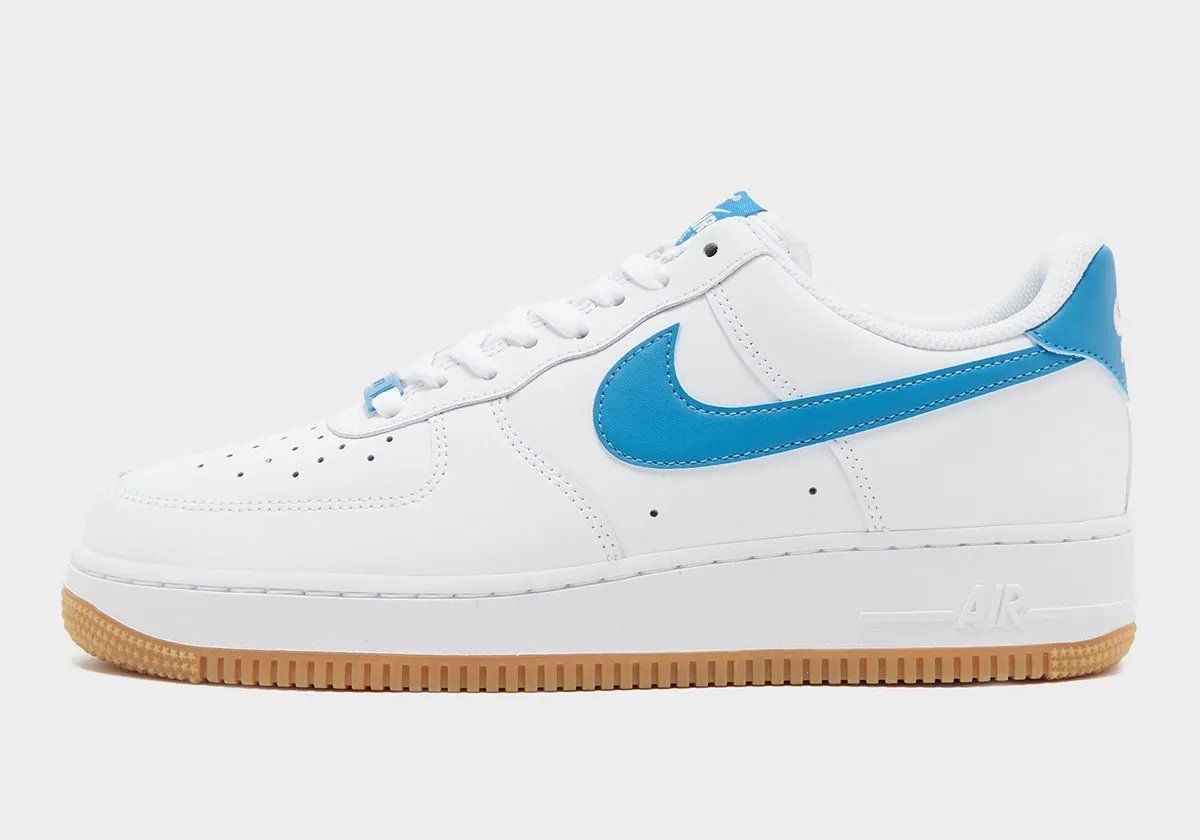 Nike Air Force 1 Low Aurora Blue with white leather upper, blue accents, and gum rubber sole