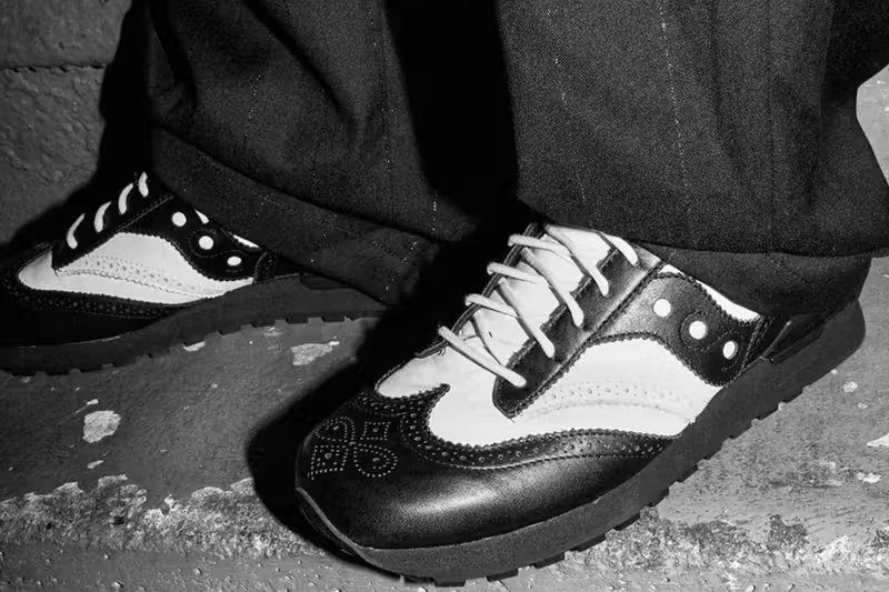 Engineered Garments x Saucony Shadow Original Wingtip in black and white leather with brogue perforated detailing and wingtip toe cap