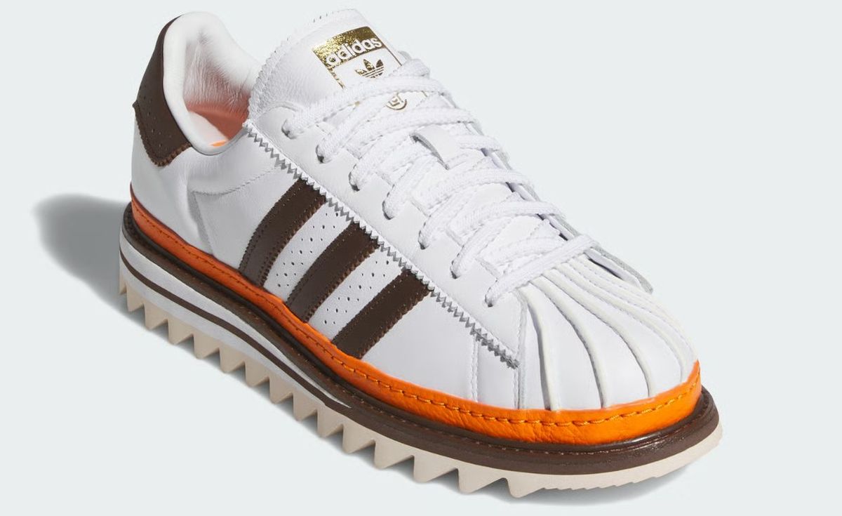 CLOT x adidas Superstar in coffee tone colorway, showcasing warm brown leather upper with iconic toe cap detail