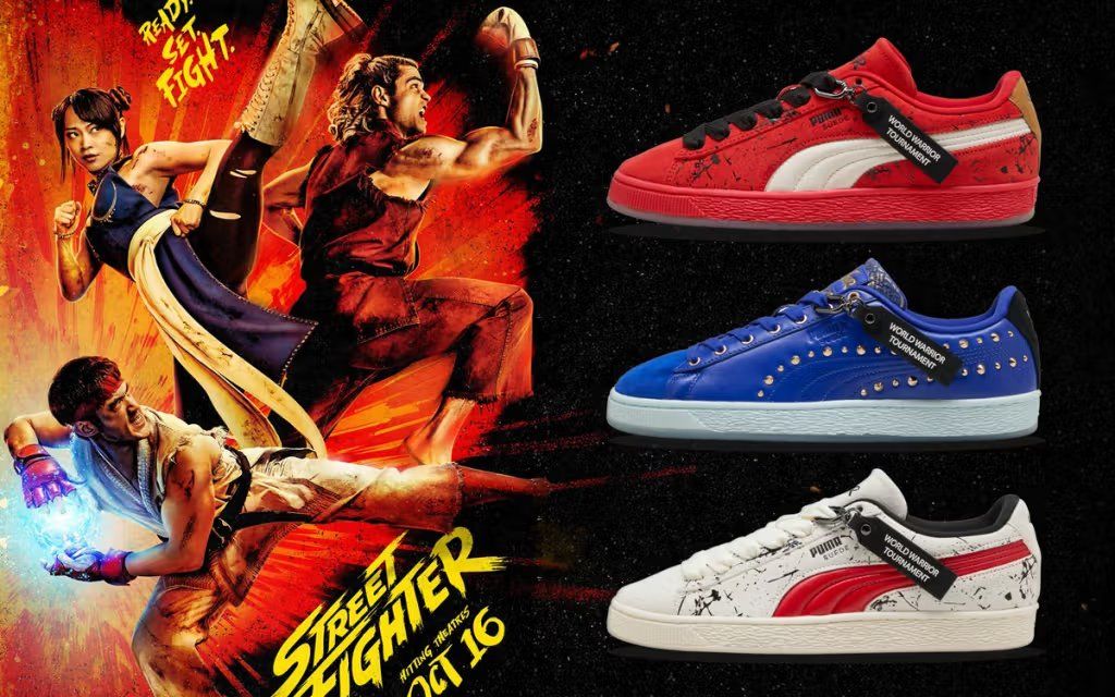 Puma Suede Street Fighter collaboration featuring Chun-Li, Ryu, and Ken character-inspired colorways