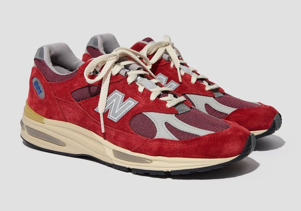 New Balance 991v2 in Karanda Red colorway featuring burgundy mesh and suede upper