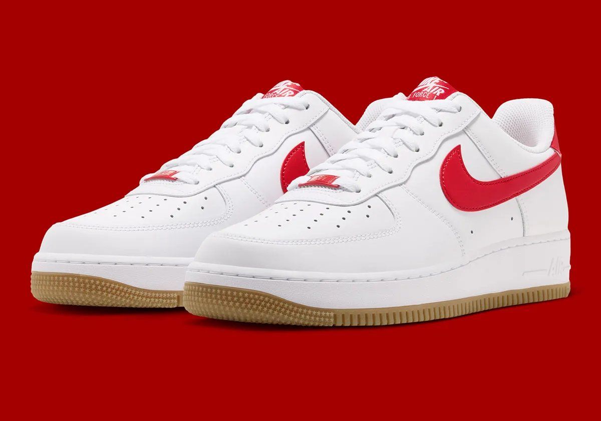 Nike Air Force 1 Low in White leather with Challenge Red Swoosh and Gum Light Brown outsole, shown from multiple angles