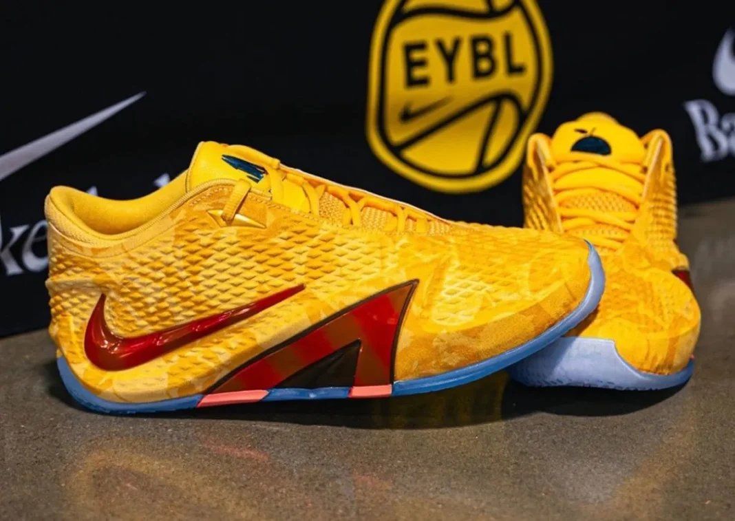 Nike Ja 4 EYBL Peach Jam PE in peach-yellow with metallic red Swoosh and icy blue sole, exclusive player edition for Peach Jam tournament