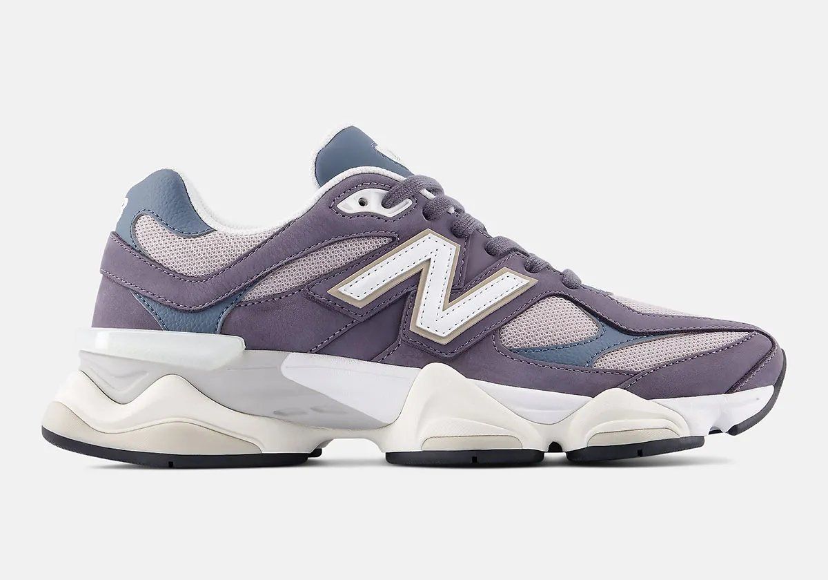 New Balance 9060 Neptune Grey featuring purple-tinted leather upper with Shadow Blue accents and violet mesh base