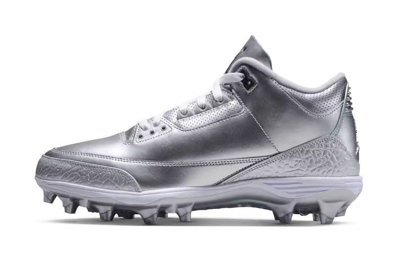 Air Jordan 3 Mid TD cleats in Metallic Silver with tumbled leather upper and elephant-print overlays