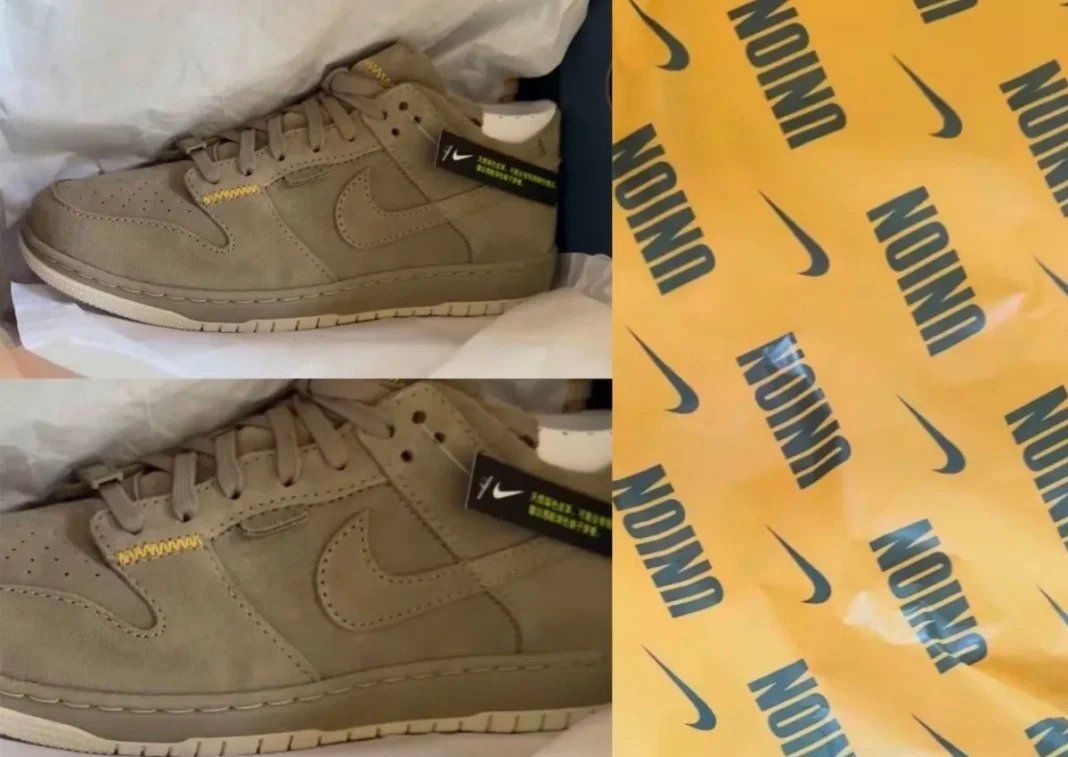 Union LA x Nike Dunk Low 'Bamboo' in olive suede with exposed stitching and folding heel detail