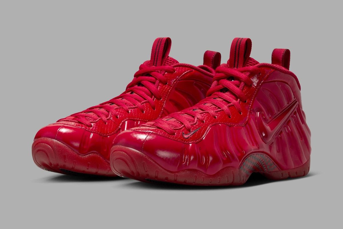 Nike Air Foamposite One in Gym Red colorway, showcasing the glossy foam shell and sculptural silhouette