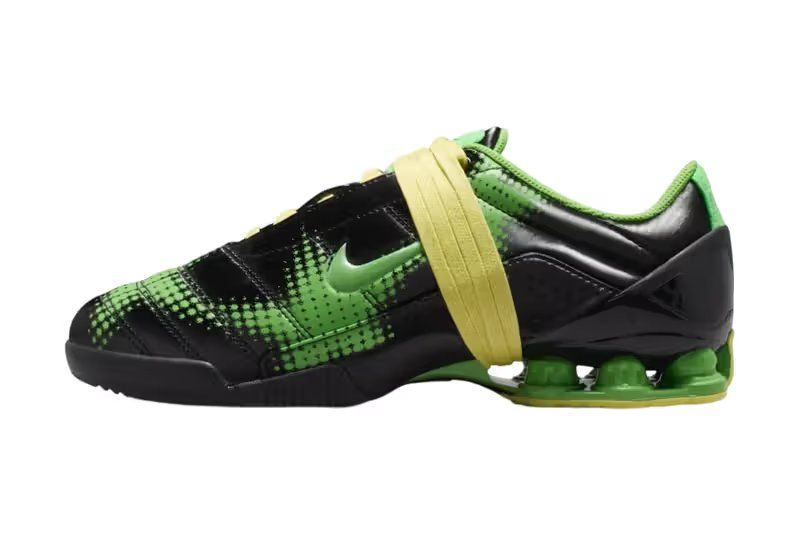 Nike T90 Shox Magia in Black/Spinach Green and White/Metallic Silver colorways with visible Shox cushioning columns