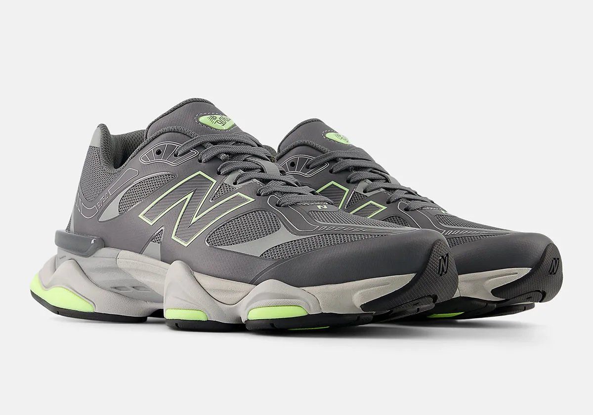 New Balance 9060Z in night vision-inspired colorway showing asymmetrical collar and mixed textile upper