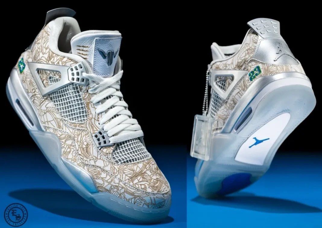 Maya Moore's custom Air Jordan 4 "Laser" PE in white leather with laser engraving and Minnesota Lynx team color accents