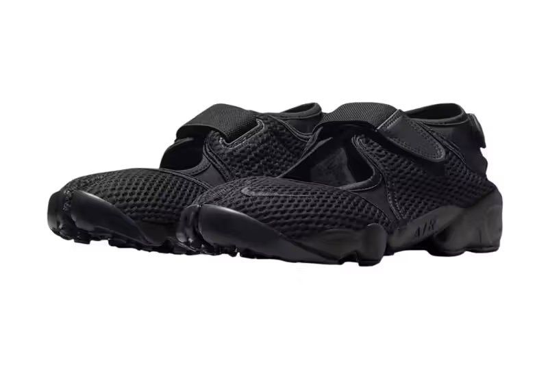 Nike Air Rift Mesh in Black/White/Black colorway, showing split-toe construction and mesh upper material