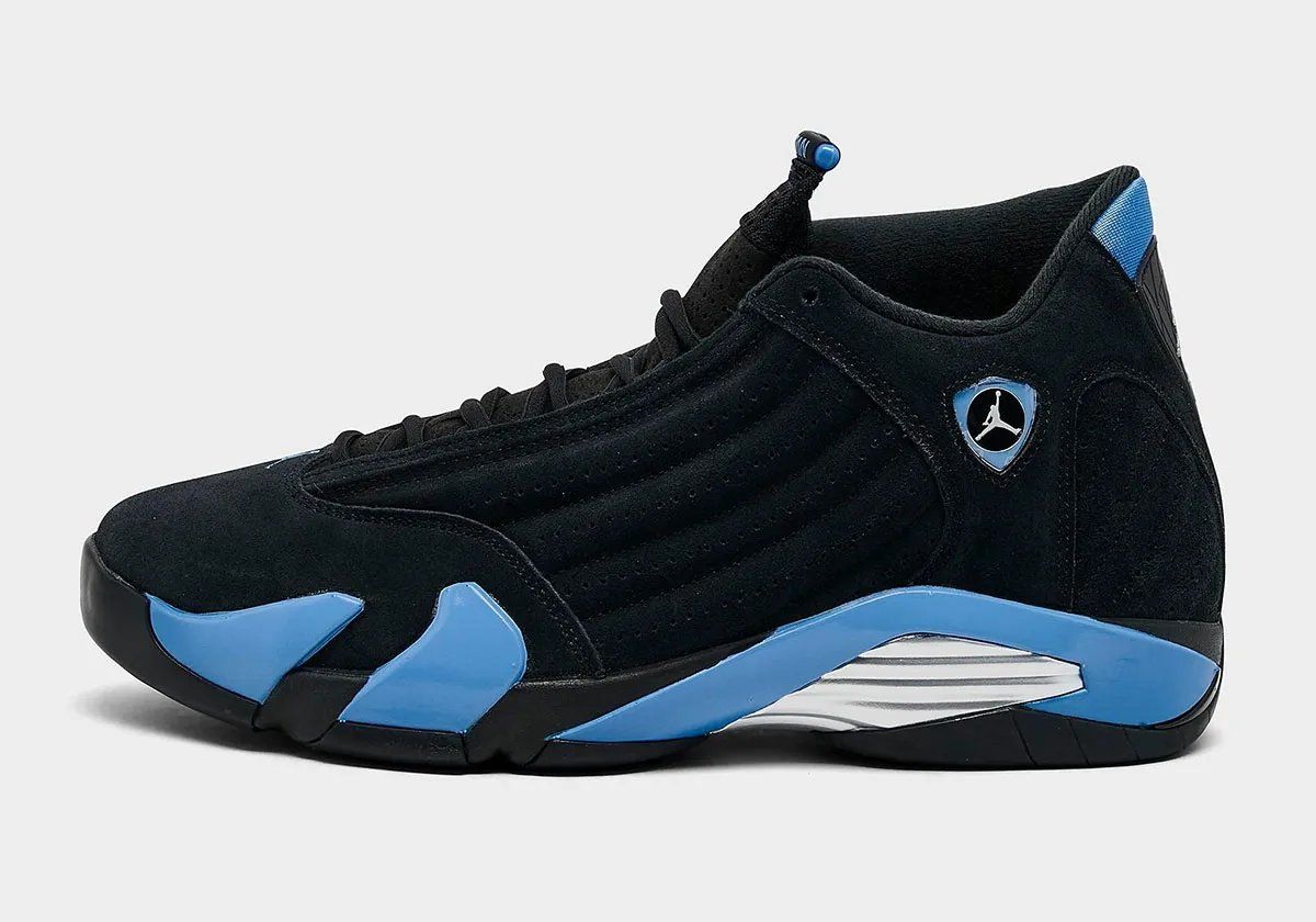 Air Jordan 14 in Black with University Blue accents, shown from multiple angles on white background