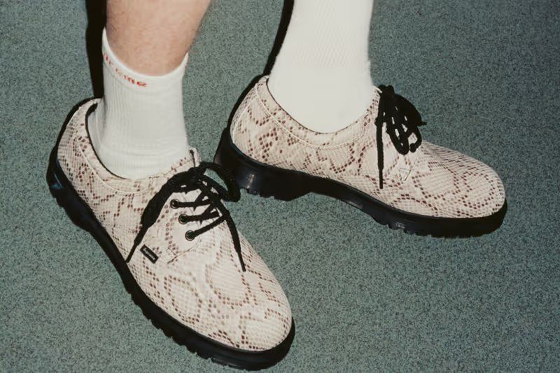 Supreme x Dr. Martens Postal Supreme 4-Eye oxford in debossed snakeskin and smooth black leather
