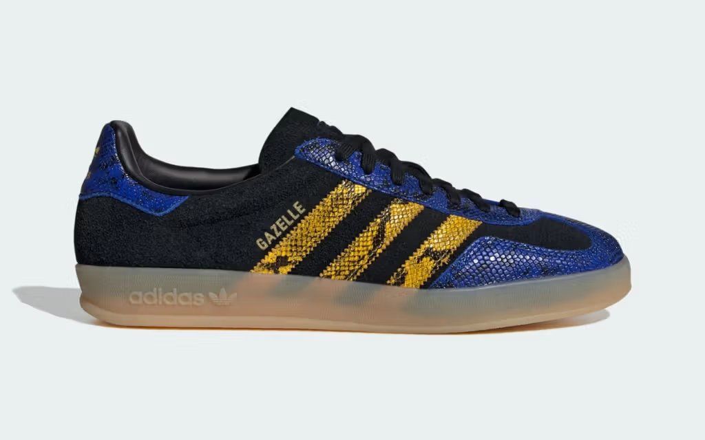 Adidas Gazelle Indoor in new terrace-inspired colorway, showcasing suede and leather construction with classic three-stripe branding