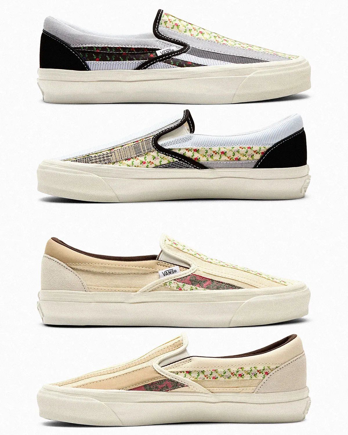 Vans Slip-On Sunday Best pack in cream and white colorway featuring asymmetrical patchwork fabric construction inspired by Junya Watanabe and Caribbean formal wear