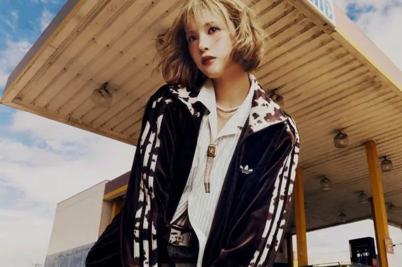 9090 x adidas Originals Track Jacket in Navy colorway with cow-print Three Stripes detail and velour construction