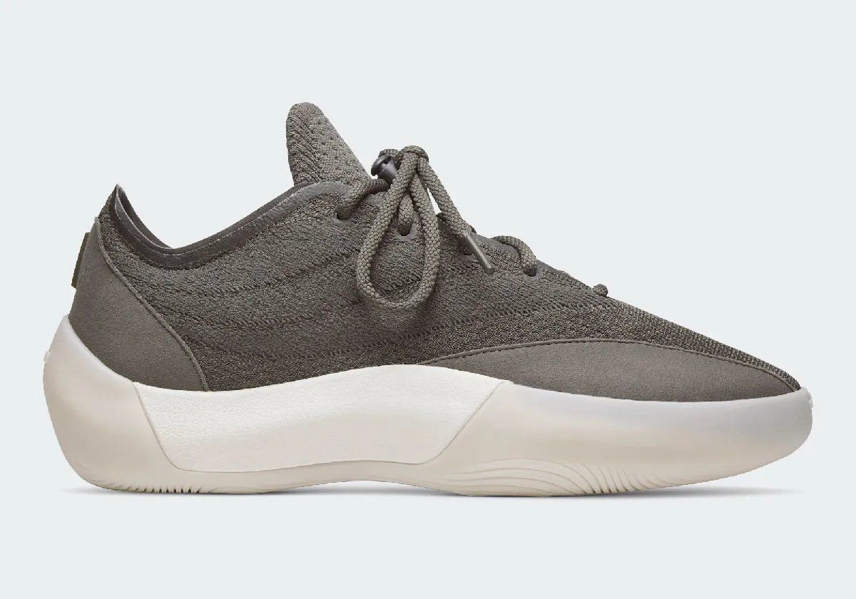 adidas Fear of God Athletics III in Cinder colorway showing grey upper with cream and white sole detailing