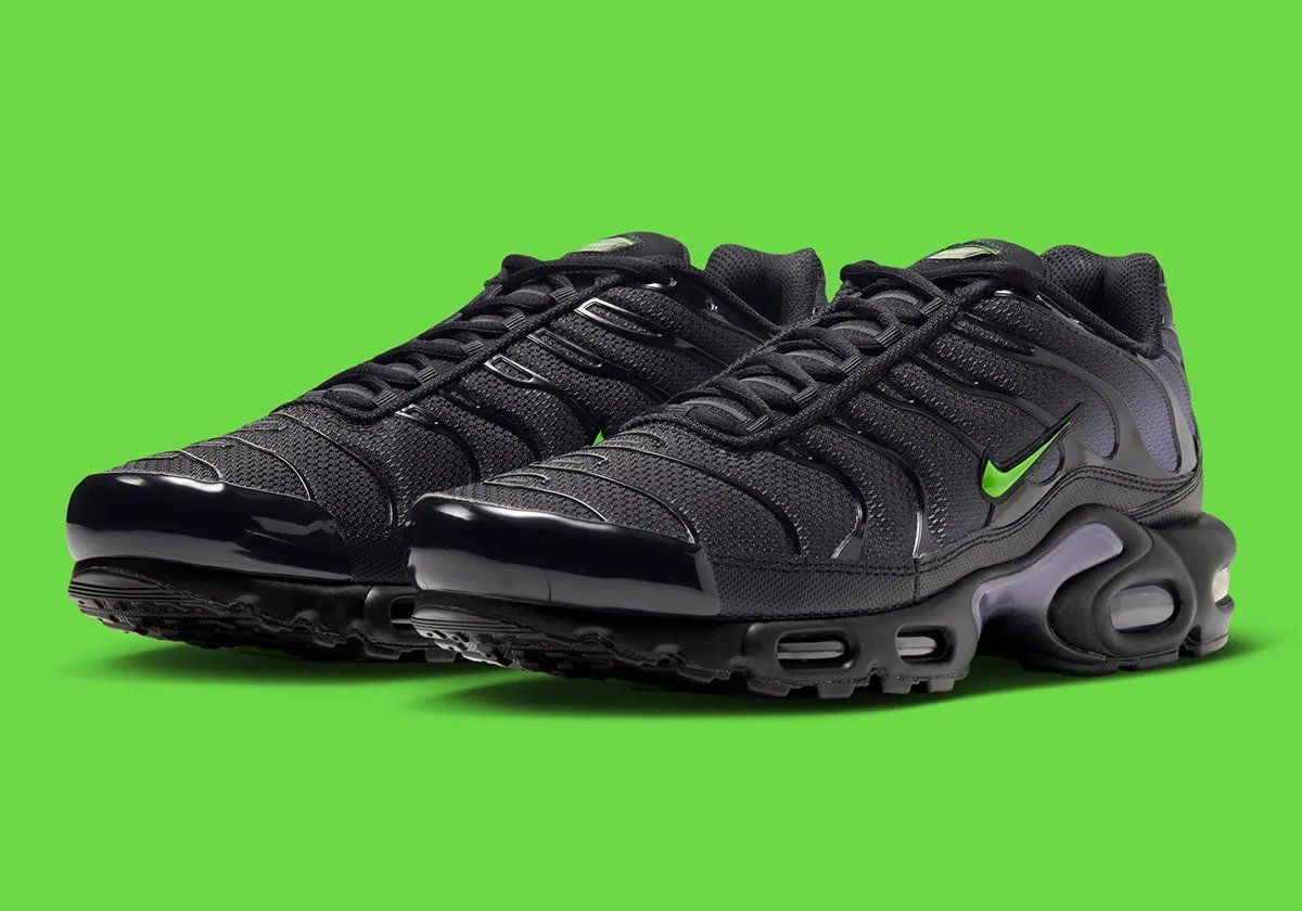 Nike Air Max Plus Joker in jet black with neon green Swoosh and purple midfoot shank