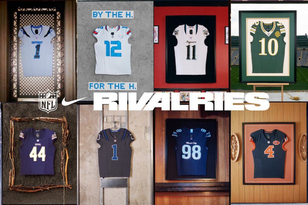 Nike NFL Rivalries 2026 alternate uniforms for eight NFC North and AFC South teams displayed on field
