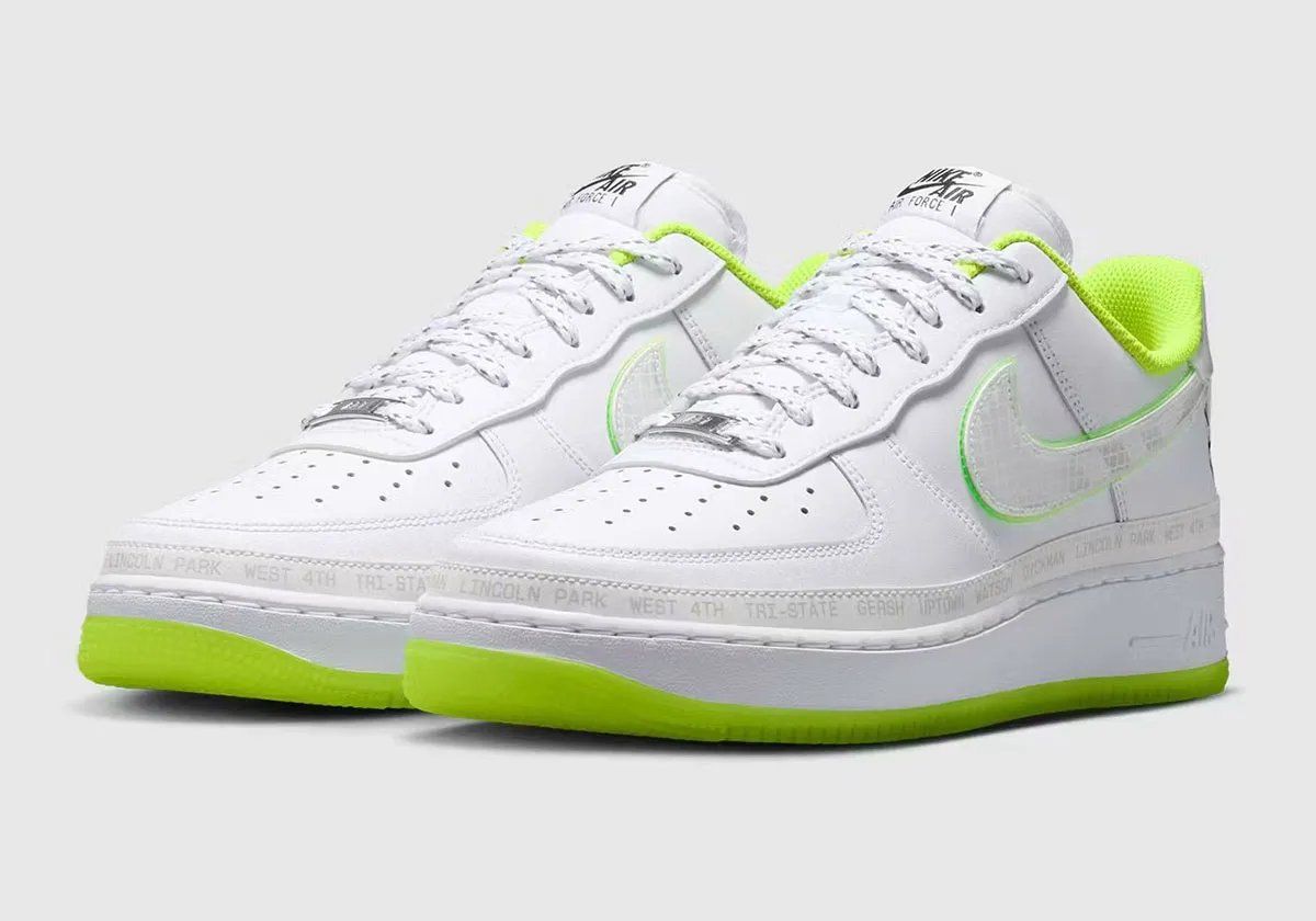 Nike Air Force 1 Low NY v. NY in triple white leather with hi-vis green foxing and embroidered New York court references