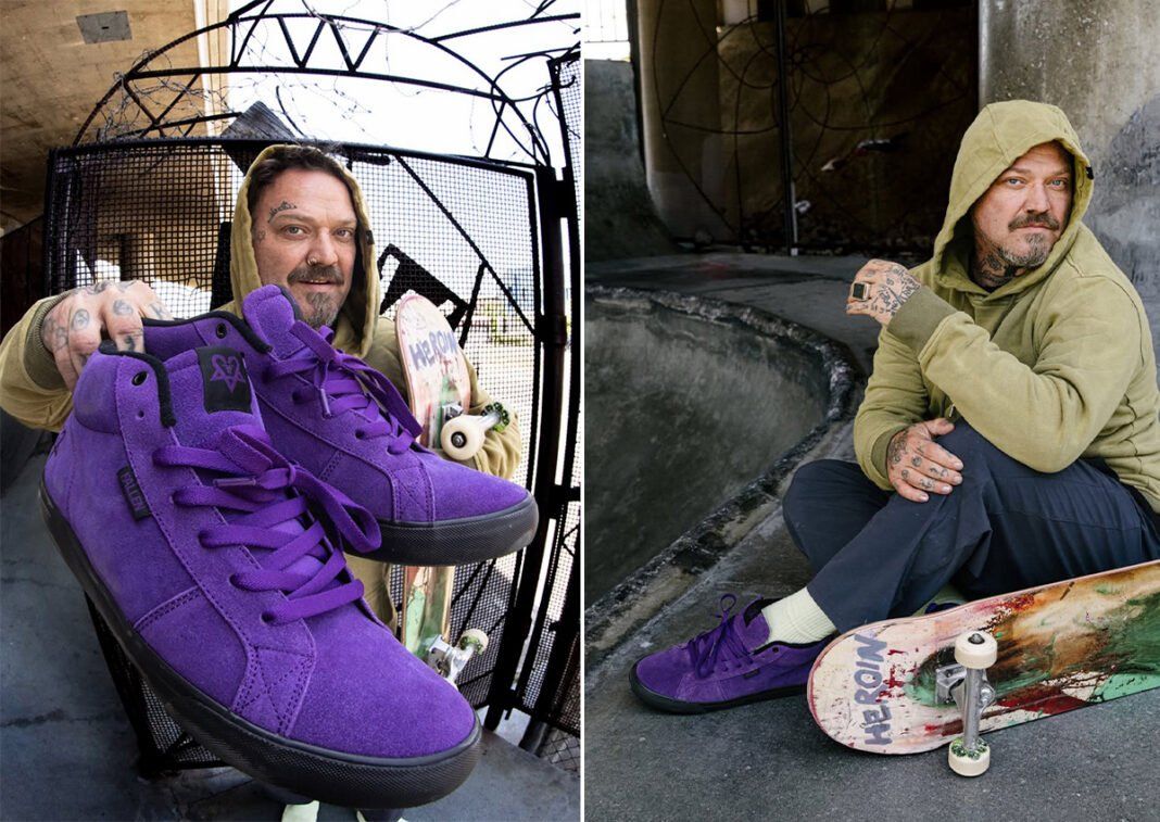 Bam Margera x Fallen Footwear collaboration featuring black and purple Corsair, Heritage, and Bomber silhouettes with Heartagram logo detailing