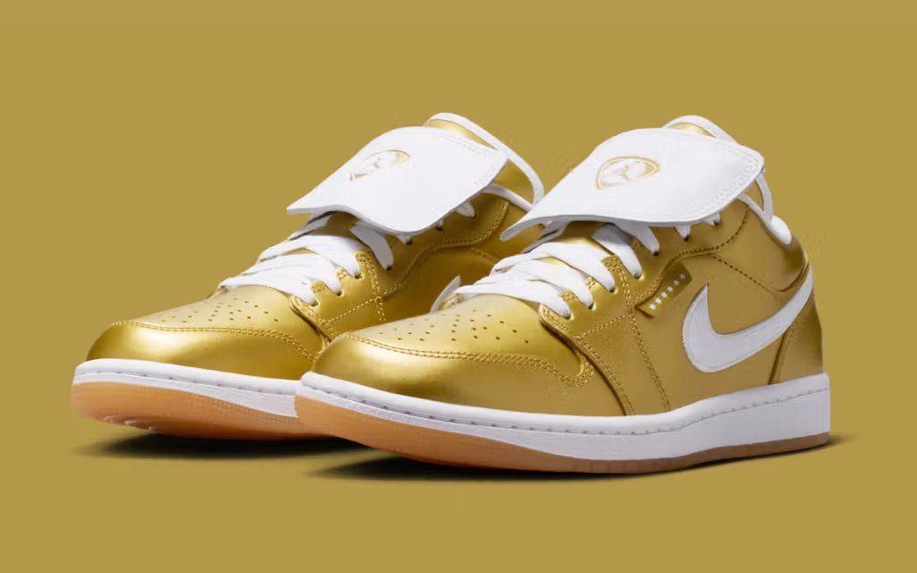 Air Jordan 1 Low in gold-inspired colorway drawing design cues from Ronaldinho's Nike Tiempos