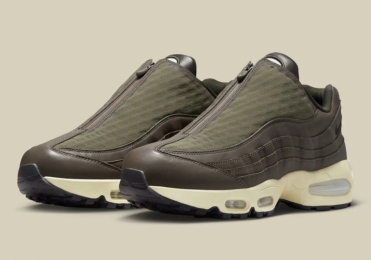 Nike Air Max 95 Zip in Medium Olive, Alabaster, and Velvet Brown with mesh construction and aged sole