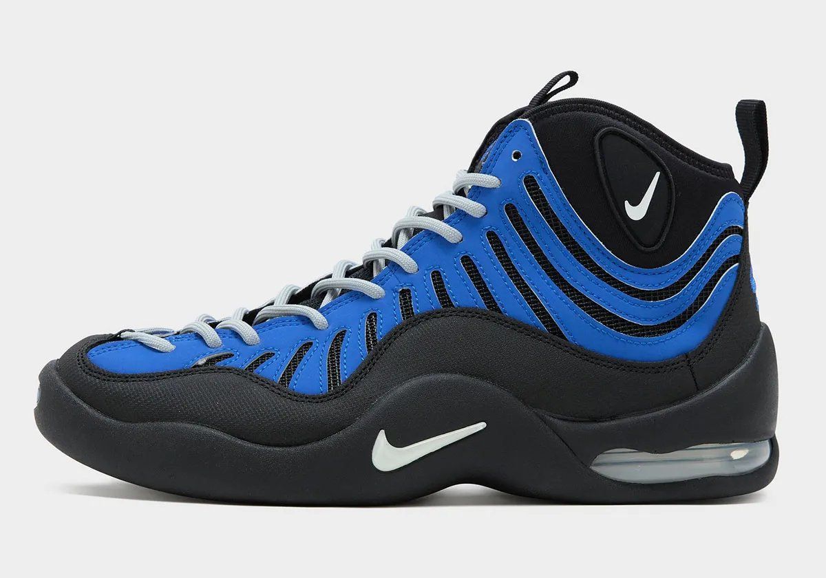Nike Air Bakin Royal featuring wavy blue upper with Nike Air branding and black white sport split