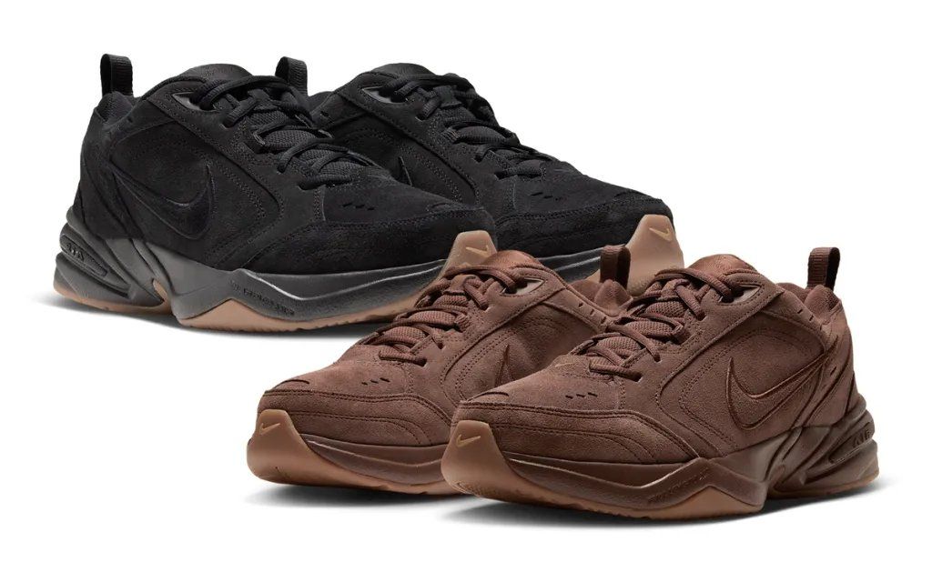 Nike Air Monarch in suede construction, showing the updated material treatment on the classic silhouette