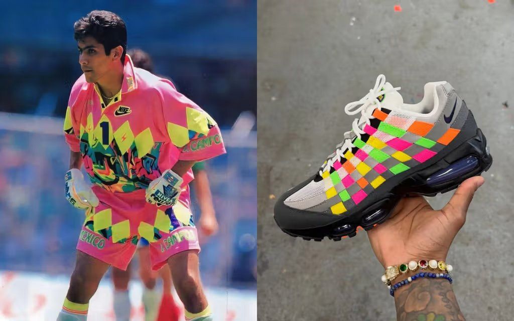 Nike Air Max 95 Woven in Jorge Campos-inspired colorway featuring textured woven upper and visible Air cushioning