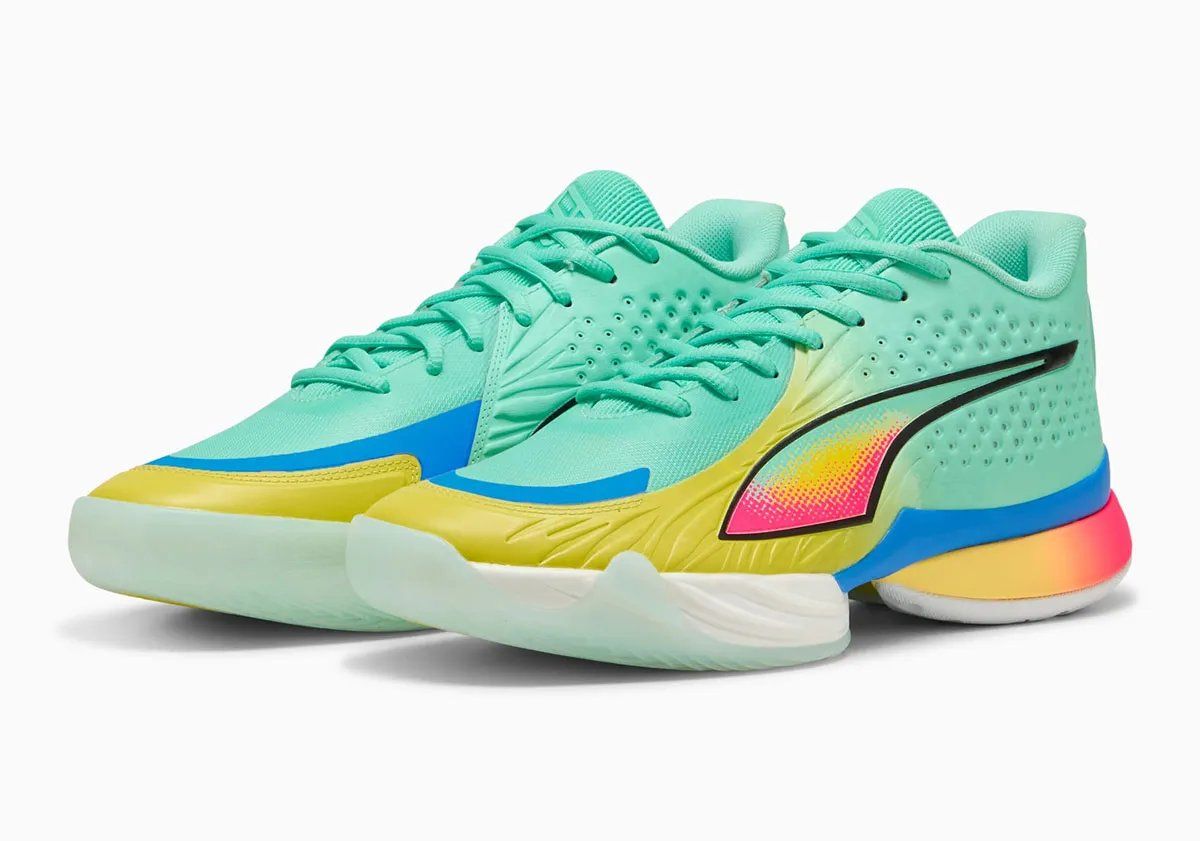 PUMA Stewie 5 black and white mid-top basketball shoe with segmented midsole design