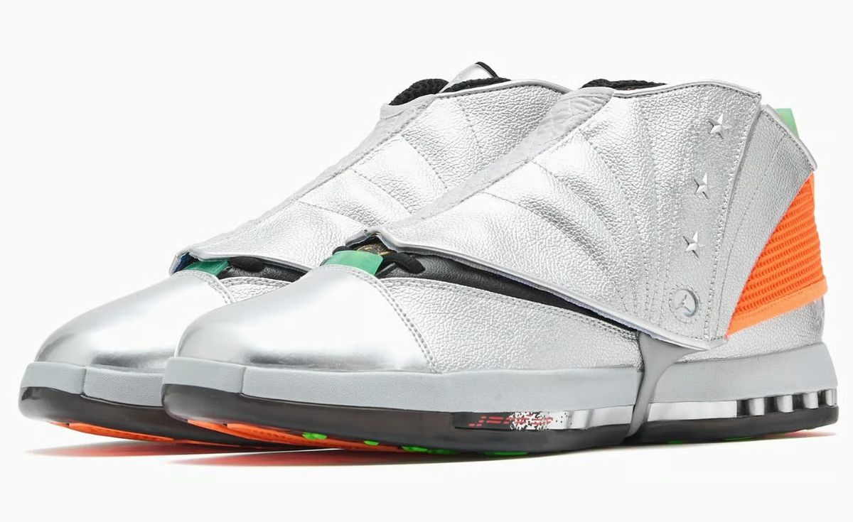 Free The Youth x Air Jordan 16 Retro with silver base, metallic chrome toebox, orange accents, and removable eagle-printed sheath