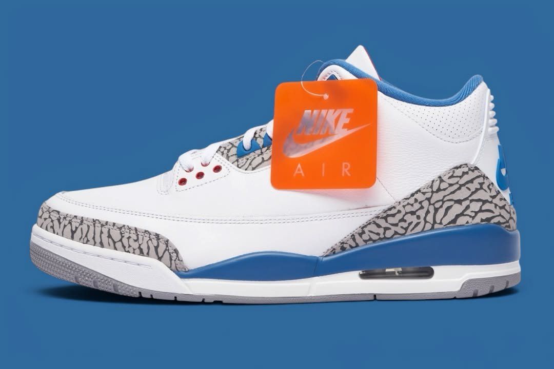 Air Jordan 3 True Blue in white leather with cement grey elephant print and true blue accents, releasing July 2026