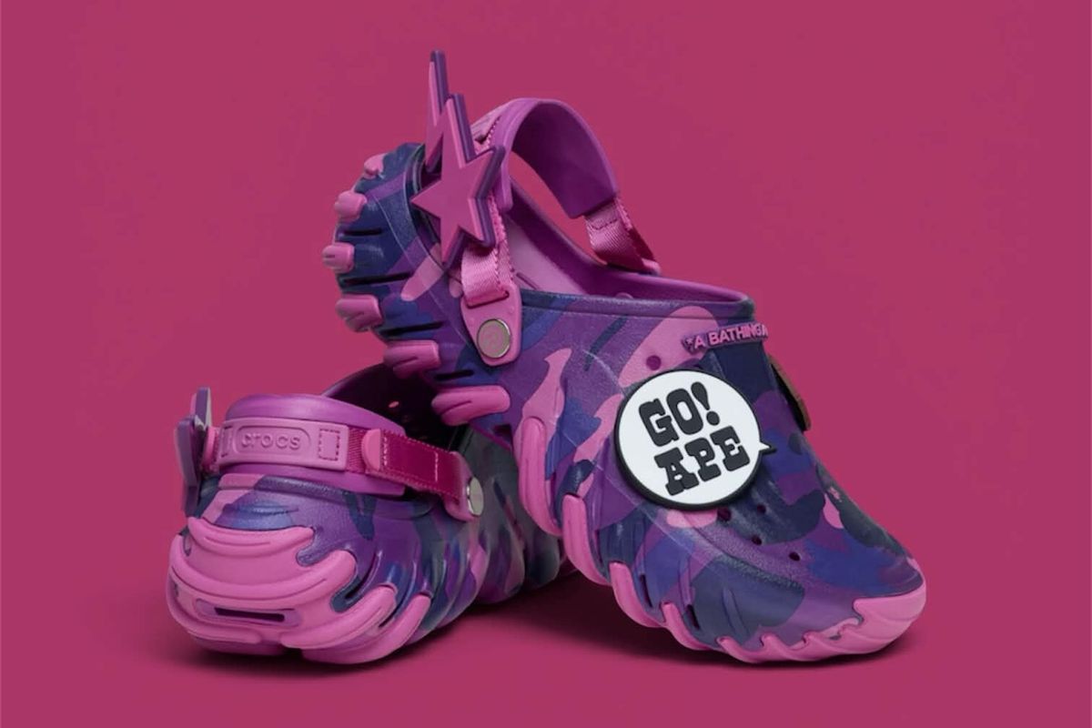 BAPE x Crocs Echo RO Clog in Grapeberry colorway, purple clog silhouette with collaborative branding