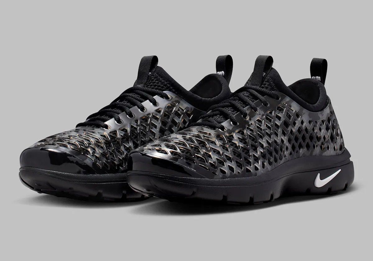 Nike Air Rejuven8 Camo Pack in Black/White and Barkroot Brown colorways with semi-opaque material and diamond camo pattern