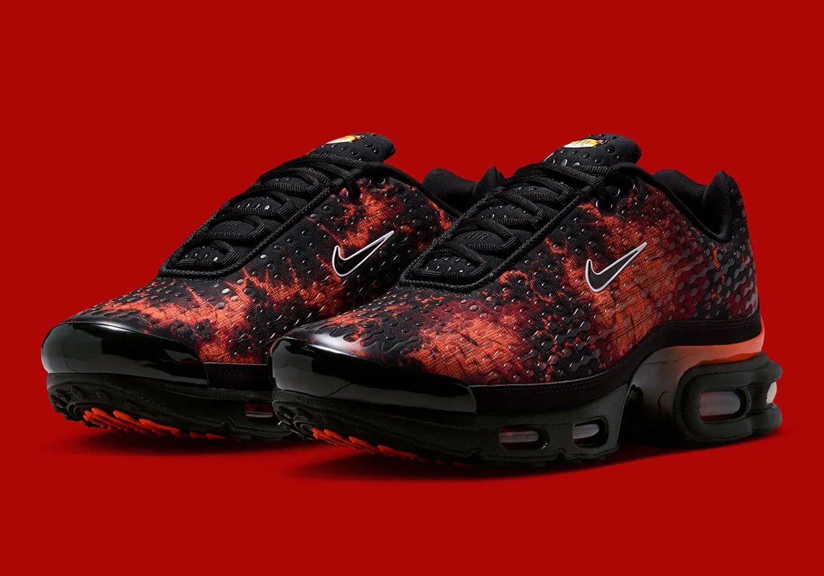 Nike Air Max Plus VII Fire Red featuring black base with Fire Red and Hyper Crimson patterning and translucent TPU overlays