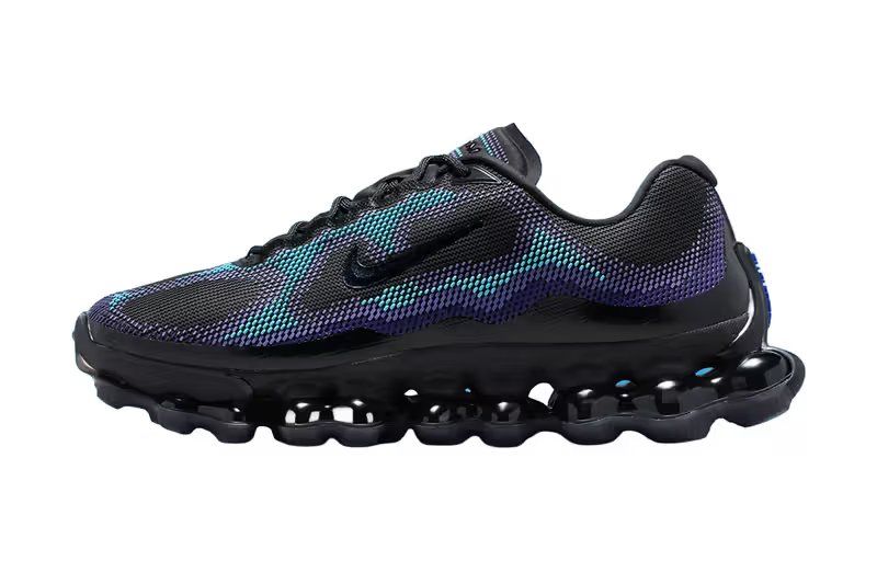 Nike Air Liquid Max Black/Radiant Blue featuring three-layer textured mesh upper with nanoprint design and visible point-loaded Air cushioning pods