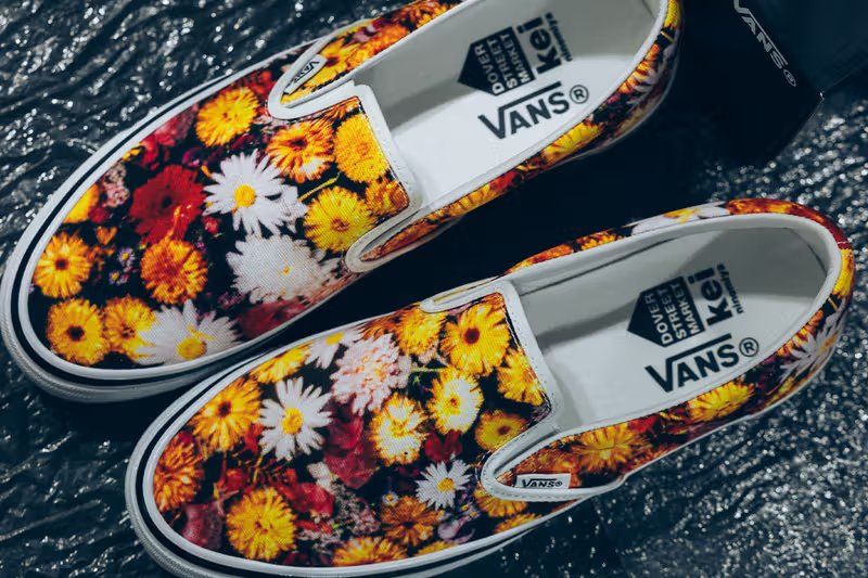 DSM Kei Ninomiya x Vans Slip-On collaboration with custom floral overlays and branded details