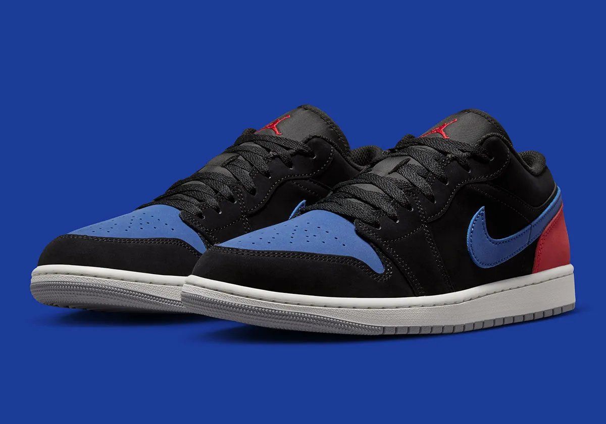 Nike Air Jordan 1 Low in Royal blue nubuck with Chicago red and white heel counter detailing
