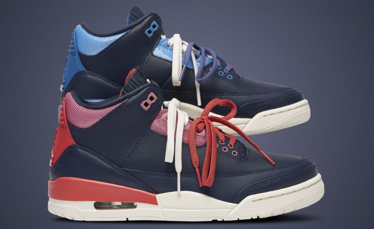 Air Jordan 3 Retro Sports Renaissance women's exclusive showing asymmetric navy, baby blue, and pink colorway with jogger-style tongue detail