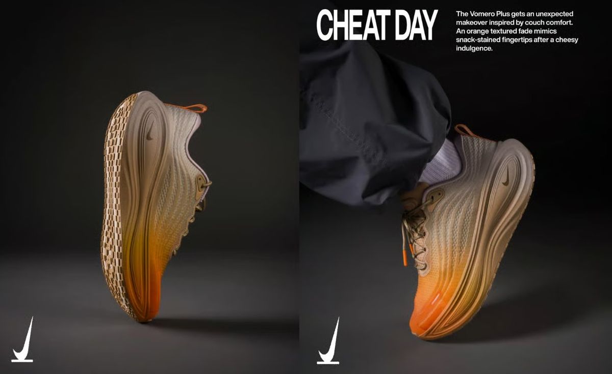 Nike Vomero Plus in vibrant orange colorway, showcasing the running silhouette from a side profile view