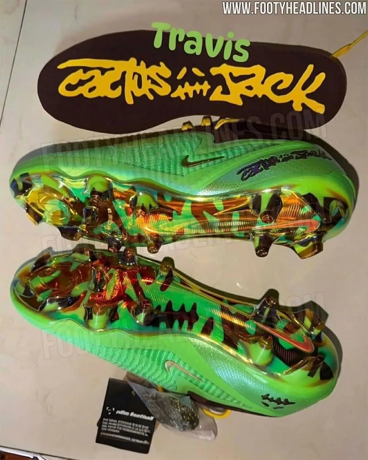 Travis Scott x Nike Phantom 6 football boot in cactus green with bronze accents, shown from multiple angles